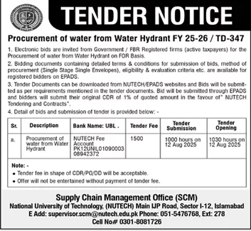 National University of Technology Islamabad Tender Notice